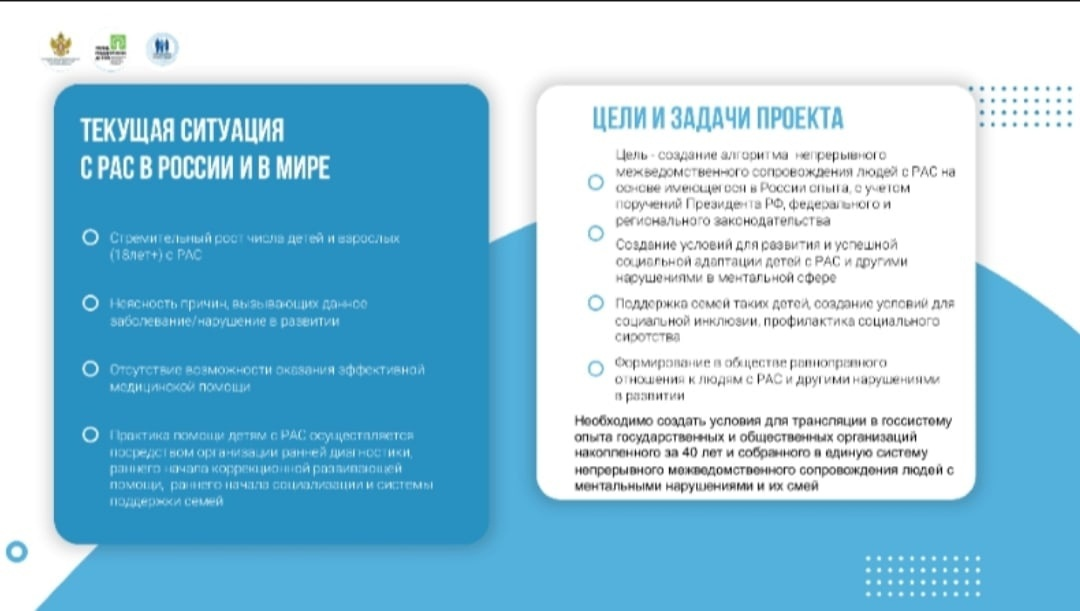 На фото описаны текущая ситуация с РАС в России и в мире, цели и задачи проекта